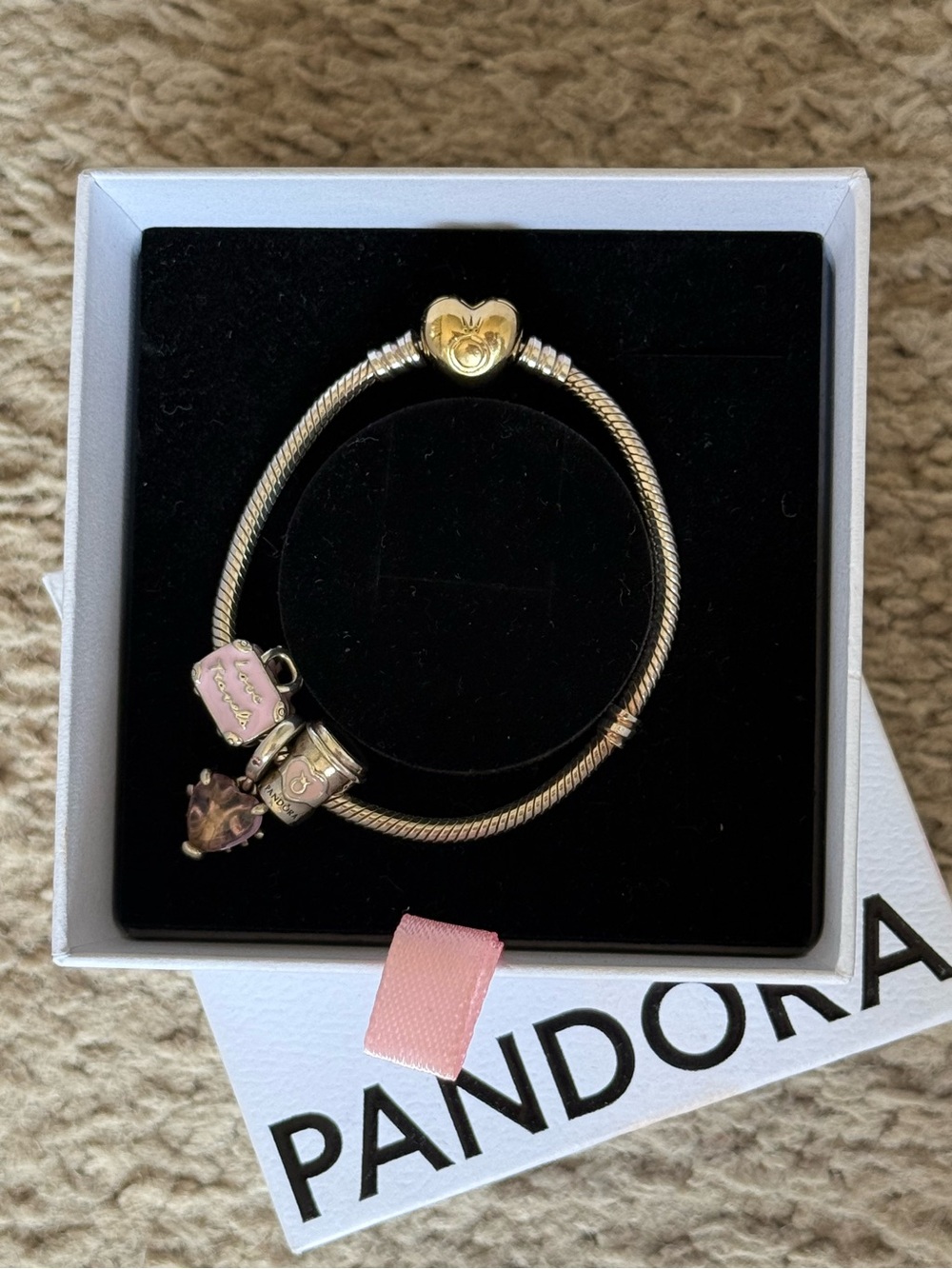 PANDORA Two Toned Charm Bracelet with Pink Charms